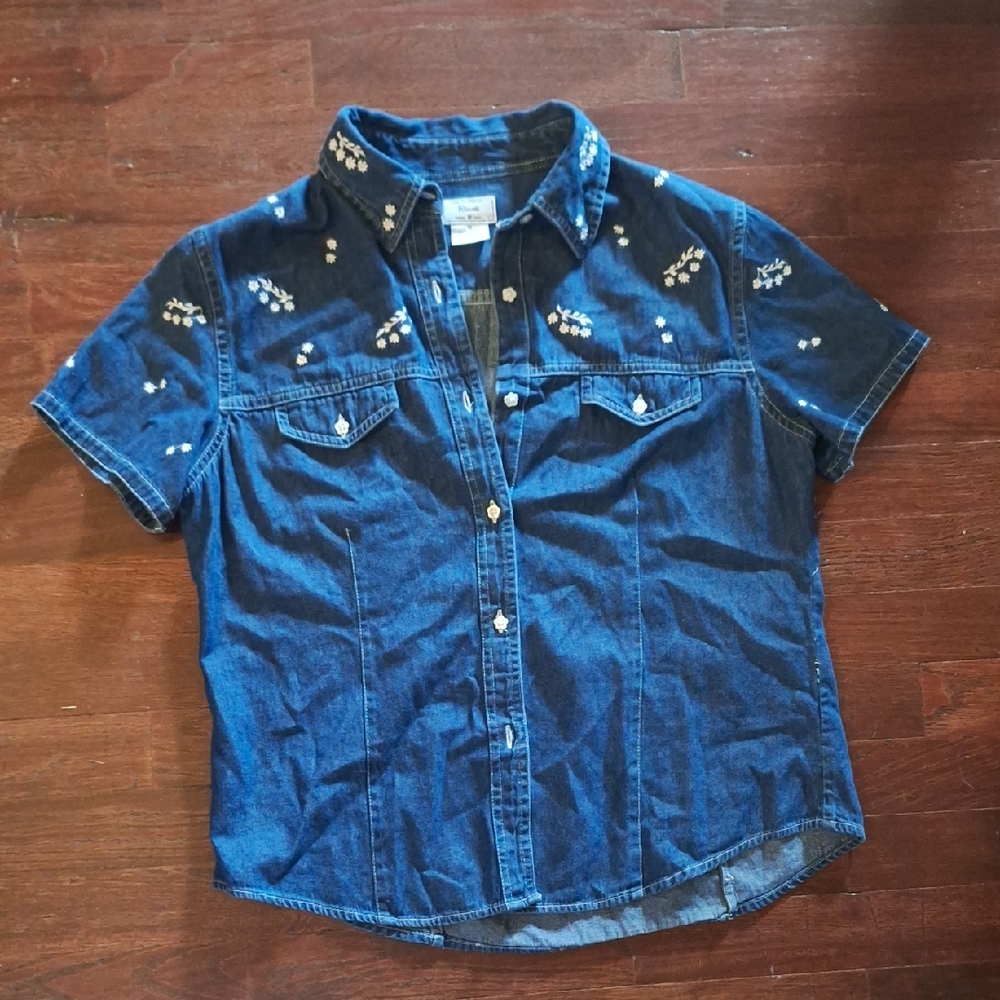 Kiko Blue Denim Shirt with White Embroidery And White Flower Buttons